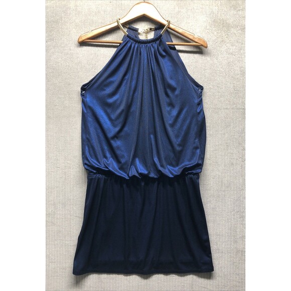Jessica Simpson Dresses & Skirts - Jessica Simpson Dress Women 8 Metallic Blue Gold Chain Halter Cocktail Party